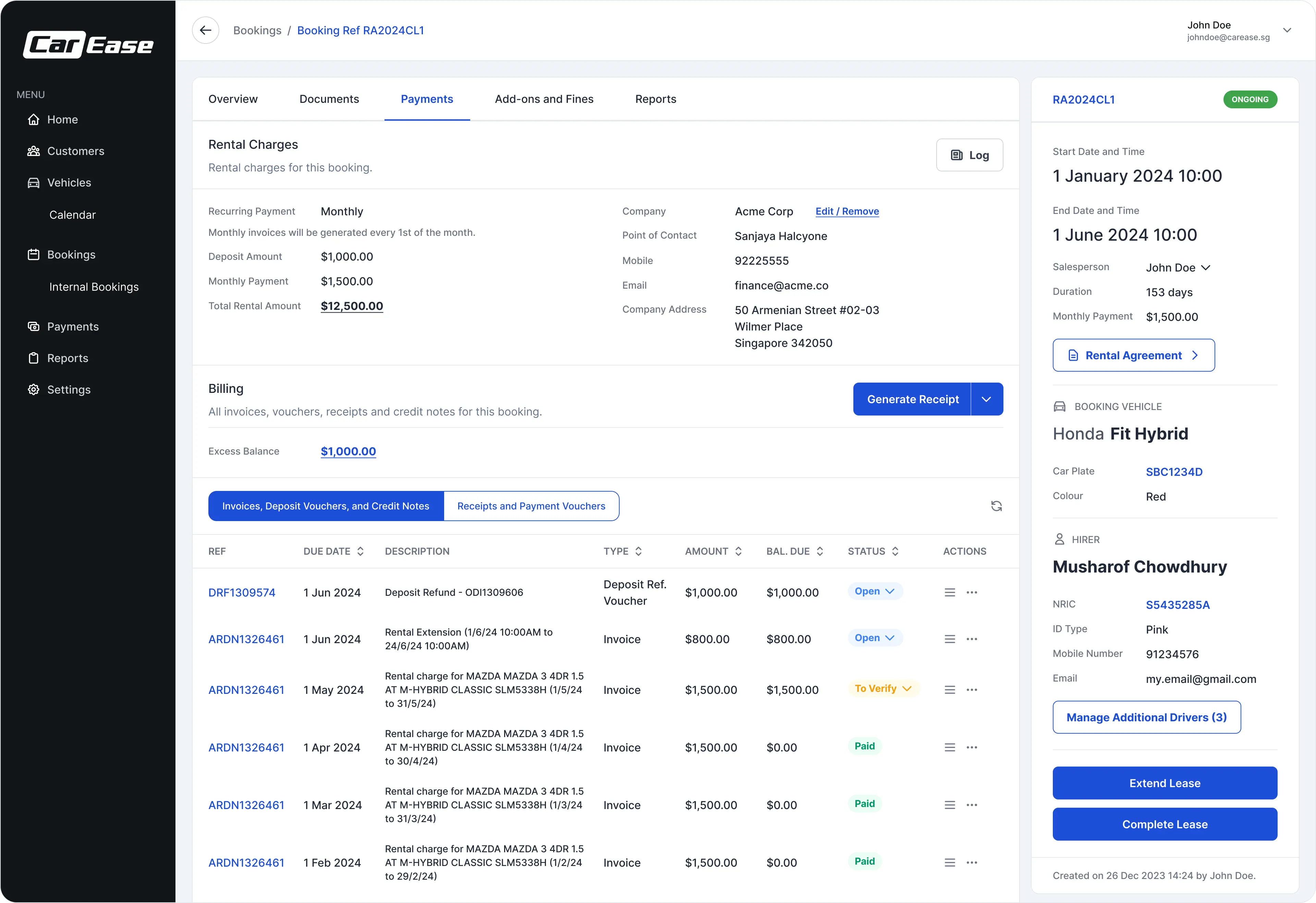 Payments tab within the booking detail page