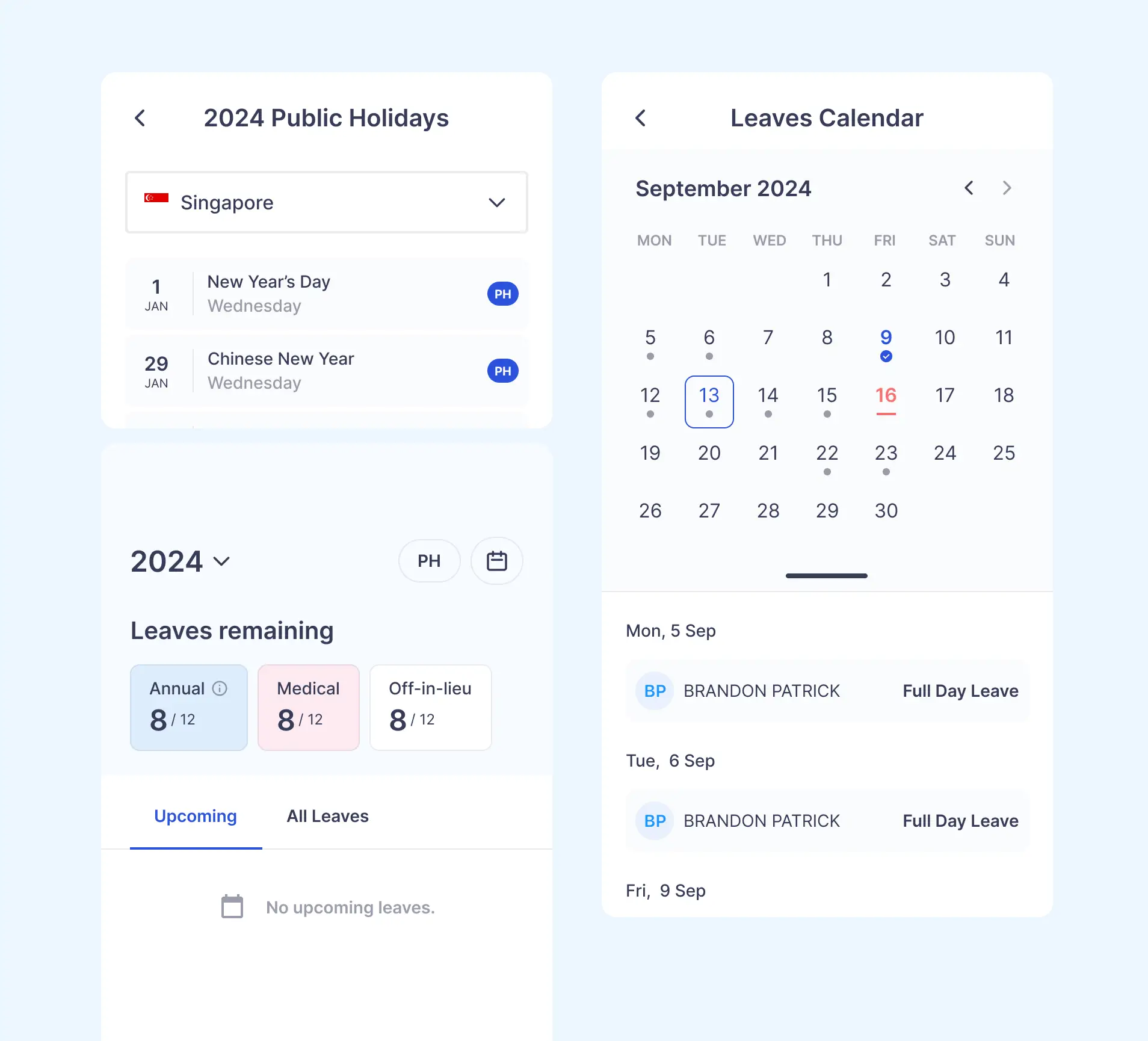 Leaves calendar for teams